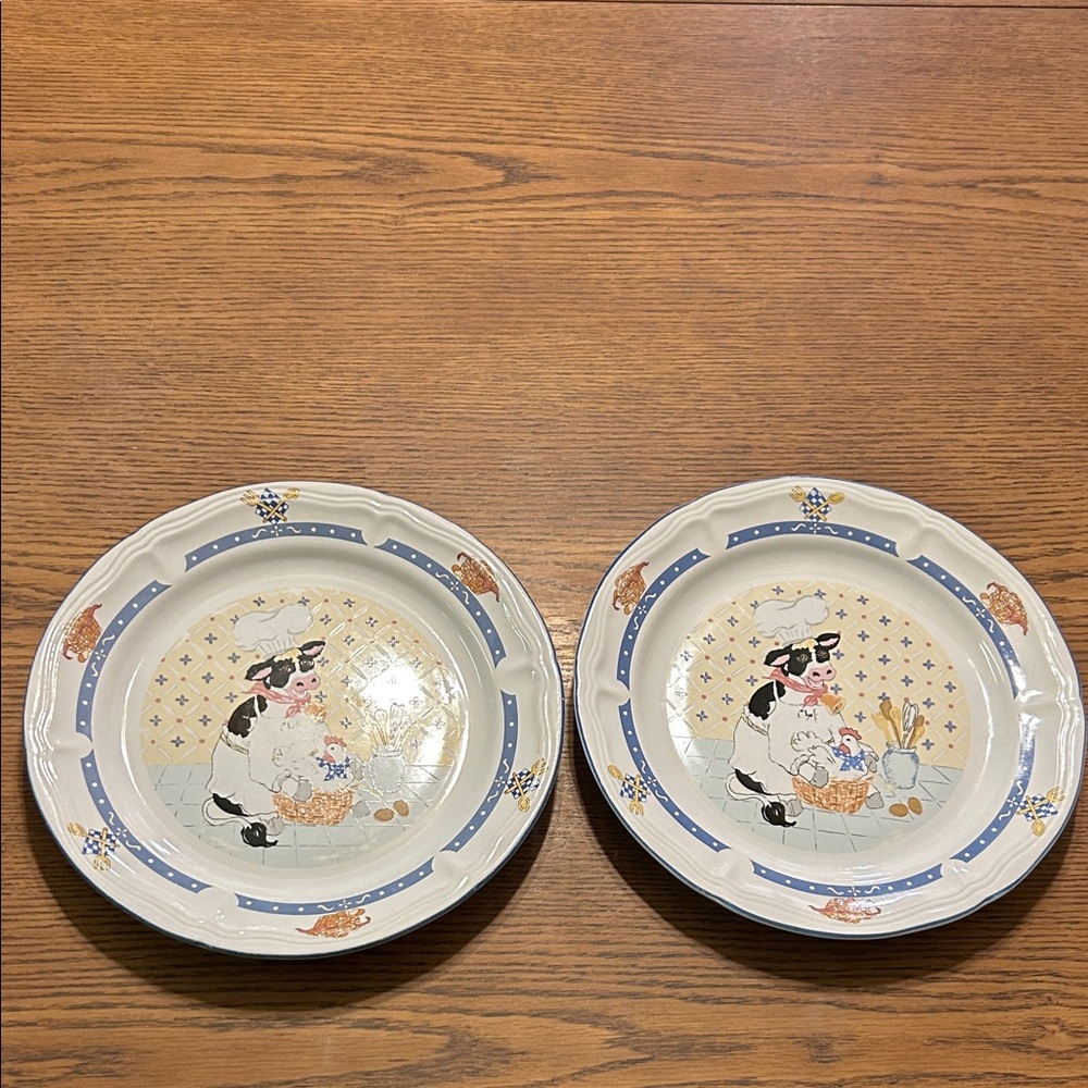 Vintage Cow Chef Ceramic Dinner Plates in Cream and Blue - Set of 2